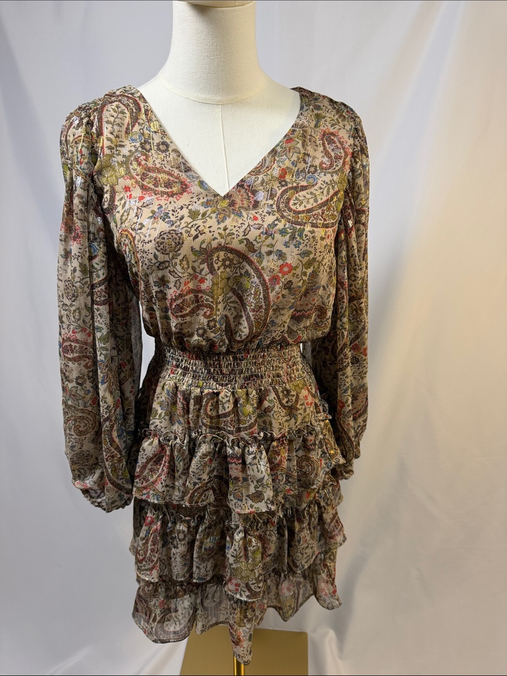 NWOT Vince Camuto Paisley Floral Long-Sleeve Tiered Mini Dress - Beige Multi
